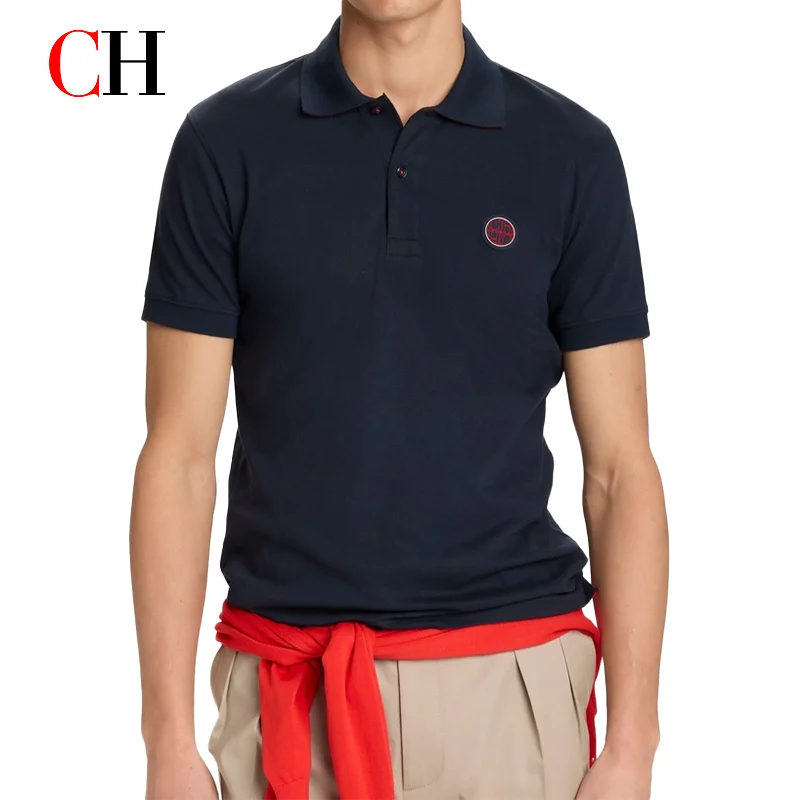 CH Red Accent Circular Rubber Patch Left Chest Premium Pique Short Sleeve Polo Shirt Men Sleek Minimalist Modern Casual Tops