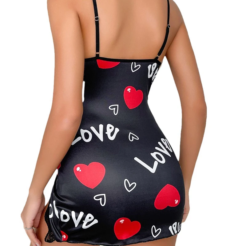 Lace Edge V-Neck Sling Side Split Sleepwear Women's Printed Love Letter Black Home Sling Dress Pajamas image 2