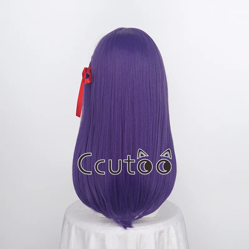 Anime Fate/Stay night Matou Sakura 50cm Half Long Dark Purple Synthetic Hair Cosplay Wig including the red ribbon