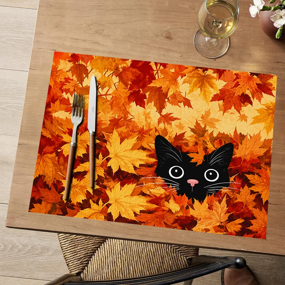 Black Cat Peeking Through Autumn Leaves Pattern Placemats  Rectangular Polyester Suitable For Restaurant Decora