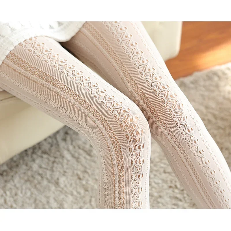 Sexy Lace Knitted Cotton Tights Women Girls Autumn Hollow Out Striped Stockings Hot Selling Female Solid Lolita Pantyhose