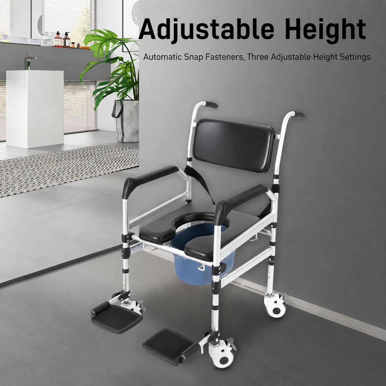 Folding Shower Chair, Height Adjustable Shower Chair, Shower Chair with Wheels, Portable Bath Chair for Elderly, Disabled, Handicap, Pregnant, Commode Function, 4 Lockable Wheels, PVC Aluminum Alloy, 160kg Capacity, Home Hospital Nursing, Rectangle Shape