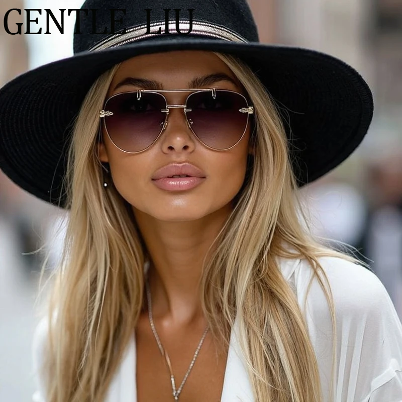 

Vintage Punk Rimless Pilot Sunglasses Women 2025 Luxury Brand Trendy Oval Shield Sun Glasses Steampunk Double Beam Metal UV400