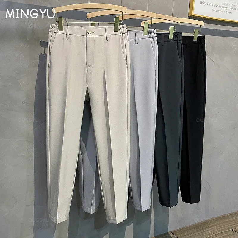 

Solid Color Tapered Cropped Trousers for Men, British Style Wrinkle Free Slim Fit Small Leg Pants, Side Waist Elastic Casual Pan