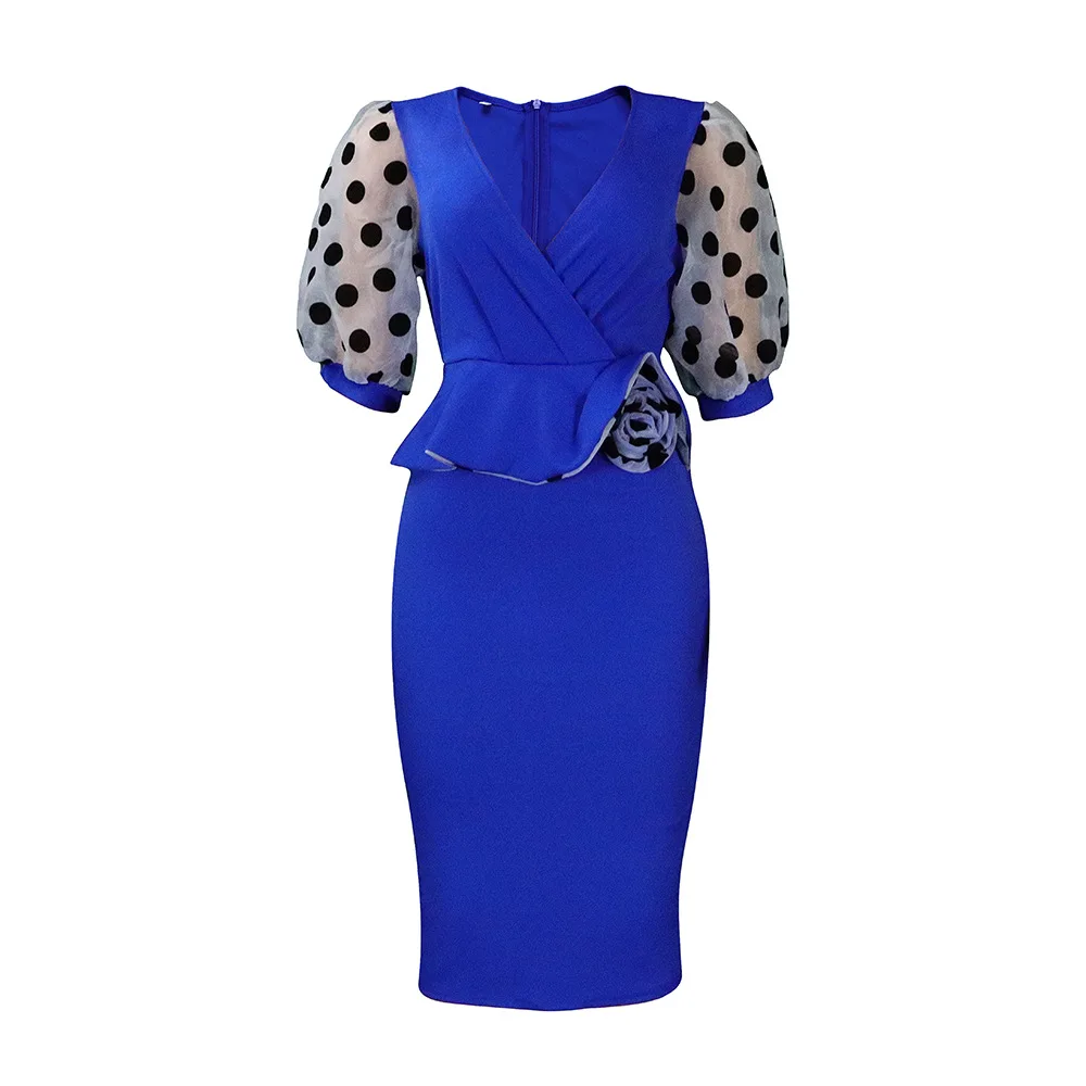 Women\'s V Neck Puff Sleeve Polka Dot Printed Pencil Dress Elegant Ruffle Office Ladies Party Bodycon Midi Dresses Vestidos