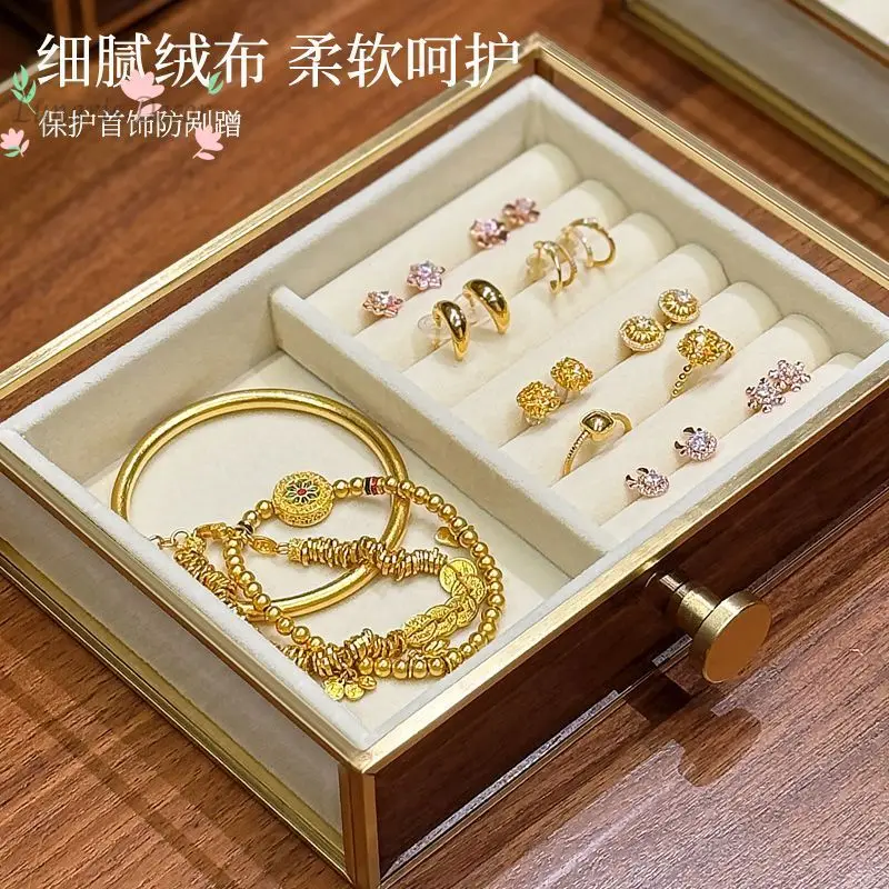 Jewelry Box Gold Jewelry Storage Box Light Luxury High-end Earrings Ears Ring Glass Jewelry Box