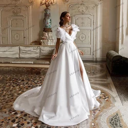 Lindo vestidos de casamento cetim a linha vestidos de noiva mangas alargamento roupões para festa graciosa princesa vestidos de novia personalizado