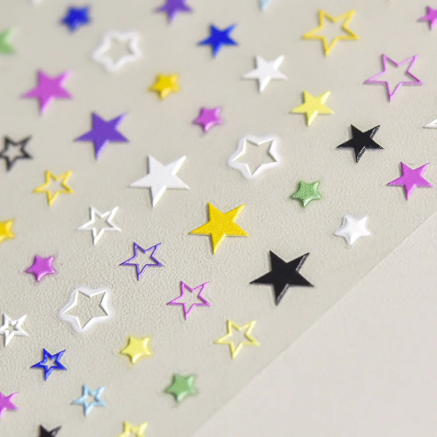 Kolorowe naklejki na paznokcie 5D z błyszczącymi gwiazdkami pięcioramiennymi, wzorem w kropki, kokardką i wiśniami, samoprzylepne, do zdobienia manicure.