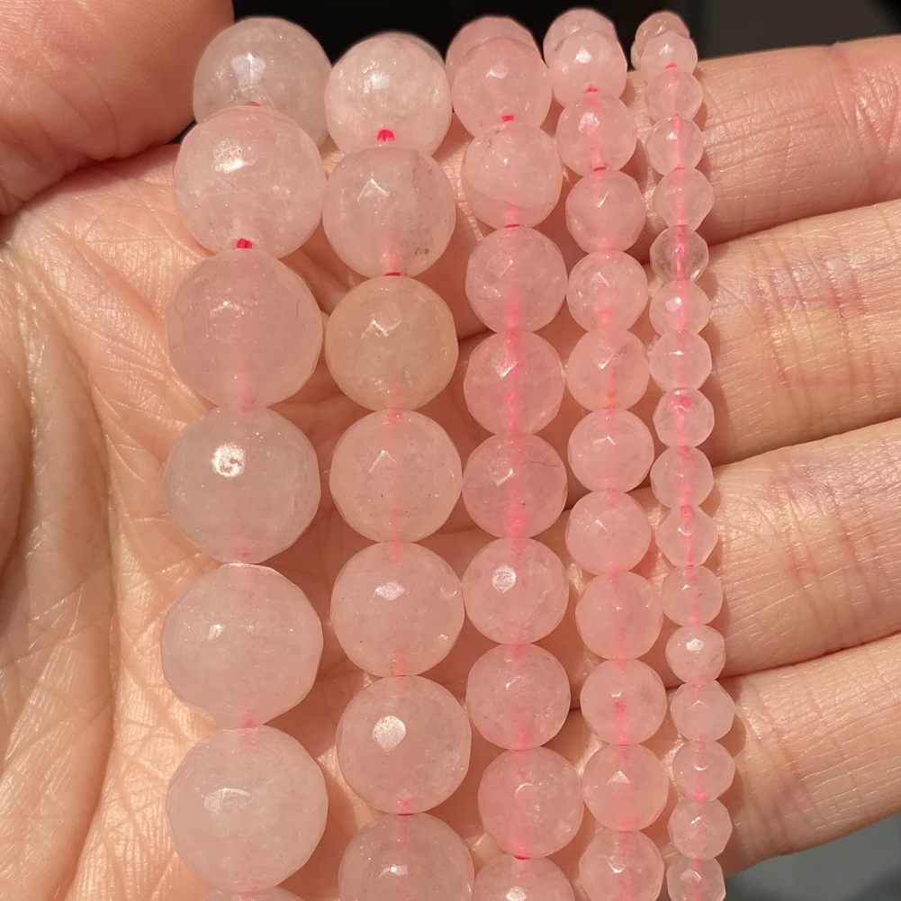 4 6 8 10 12mm Faceted Rose Pink Quartz Crystal Beads Natural Stone Round Beads for Diy Jewelry Making Bracelet Accessories 15\