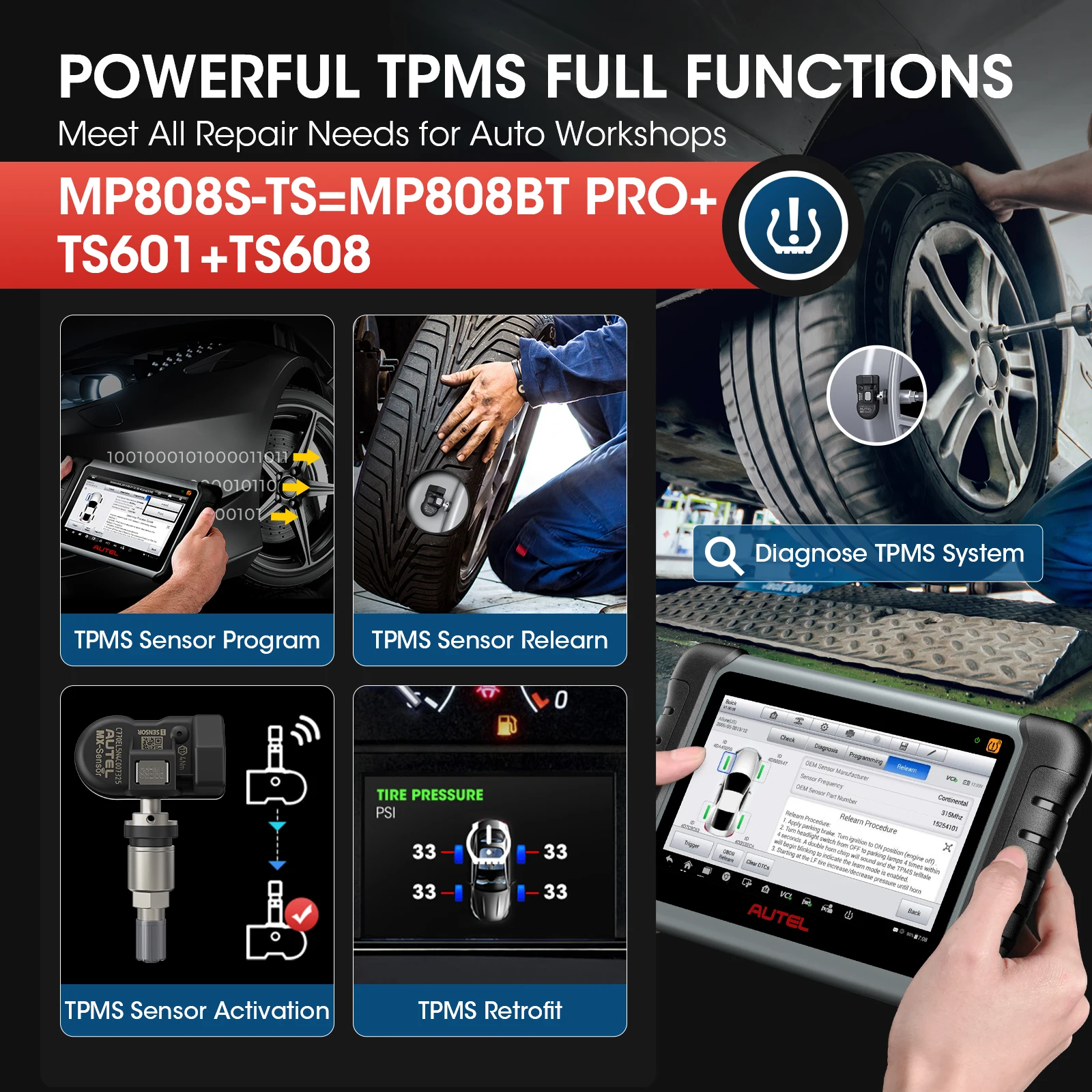 Autel MaxiPRO MP808S-TS Car Diagnostic Tools Online ECU Coding TPMS Automotive Scanner Active Test Scan Tool PK MP808BT PRO