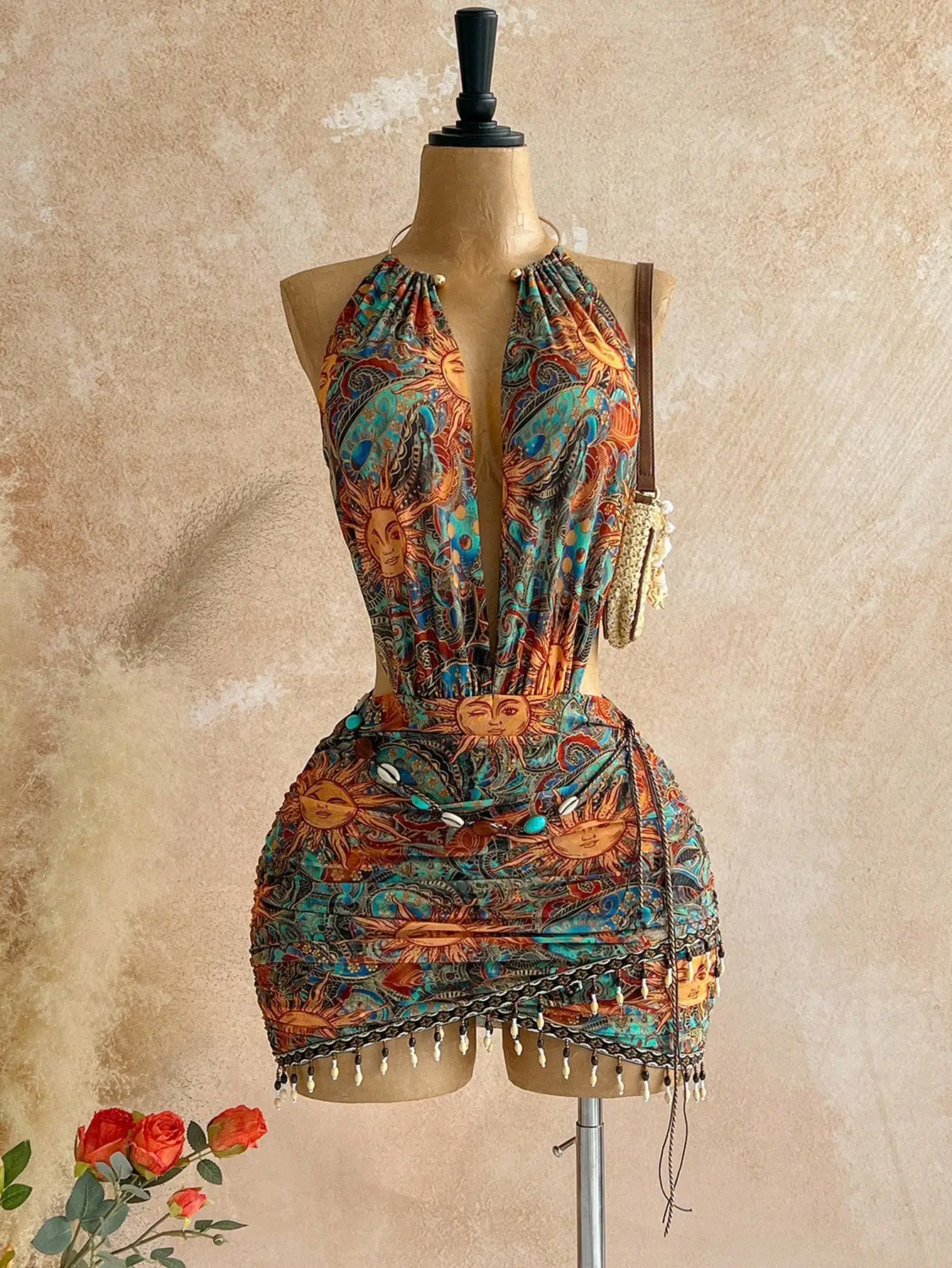 

Women's Halter Neck Plunging V-Neck Boho Print Beaded Mini Dress