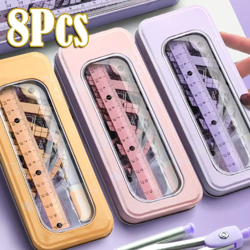 8PCS Multifunctional Compass and Ruler Sets Protractor Straight Ruler Measuring Ruler Suit Triangle Ruler Stationery Ruler Set
