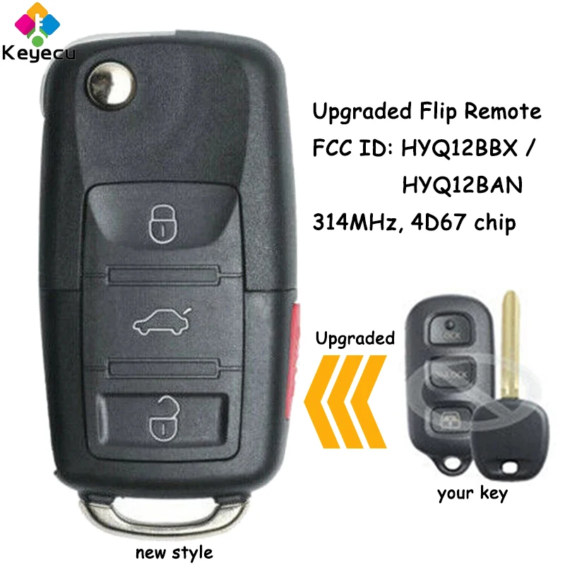 

KEYECU Upgraded Flip Remote Key With 3+1 4 Buttons 314MHz 4D67 Chip for Toyota 4Runner Sequoia Fob FCC ID: HYQ12BBX, HYQ12BAN