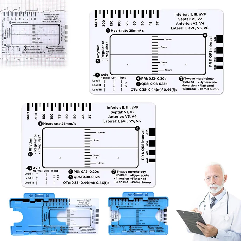 Interpretación de tarjetas con regla de 7 pasos ECG, regla de tarjeta ECG de bolsillo portátil, guía de referencia de ECG con herramienta de evaluación de funda protectora