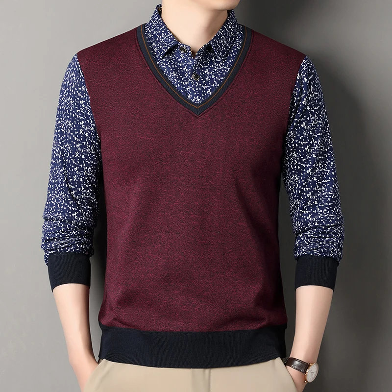 2025 الخريف الرجال الصوف معطف شتاء الرجال وهمية قطعتين بلوفر قطيفة قميص طوق سميكة محبوك سترة الذكور لاعبا غير رسمية