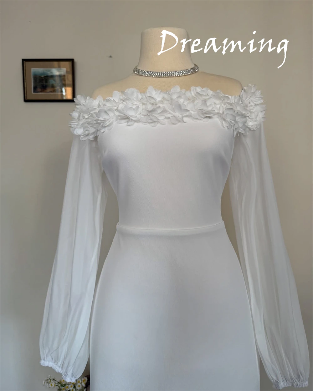 فستان سهرة شيفون أبيض رائع مخصص مخصص موضة رقبة قارب قبالة الكتف وأكمام طويلة فستان الحفلات الناعمة Pr #2