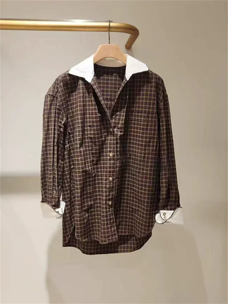 خمر منقوشة النساء الربط بدوره إلى أسفل طوق قميص بلايز غير النظامية هملين بلوزة عصرية فضفاضة للإناث 2025 الخريف