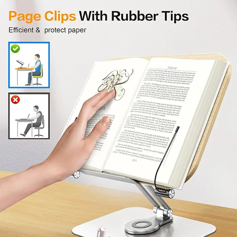 Desktop Book Stand for Reading with 360 Rotating Base Wooden Panel & Page Clips Foldable and Angle