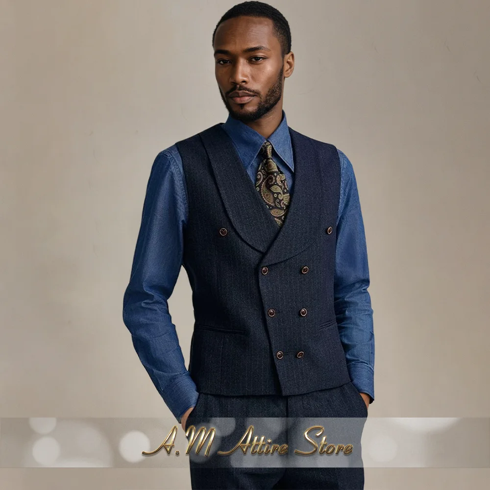 Navy blue men's suit 3-piece set peak lapel jacket double breasted vest pants striped formal OOTD wedding groom prom party Dress