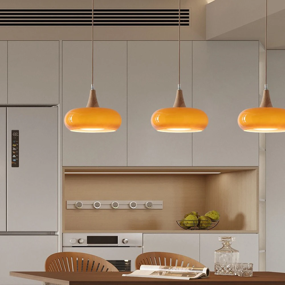 Vintage Adjustable Height Pendant Light with Glass Shade, E27 Screw Single Head Chandelier for Kitchen Island White/Orange