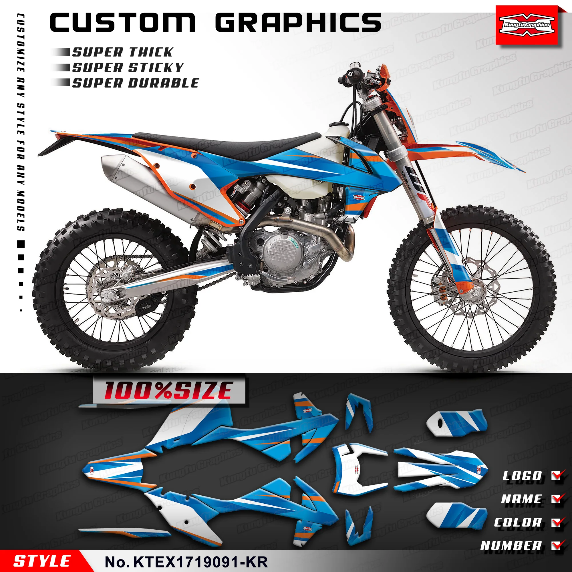 

KUNGFU GRAPHICS Racing Stickers Decal Kit for KTM 125 150 250 300 350 450 500 EXC EXC-F XC-W 2017 2018 2019 Blue, KTEX1719091-KR