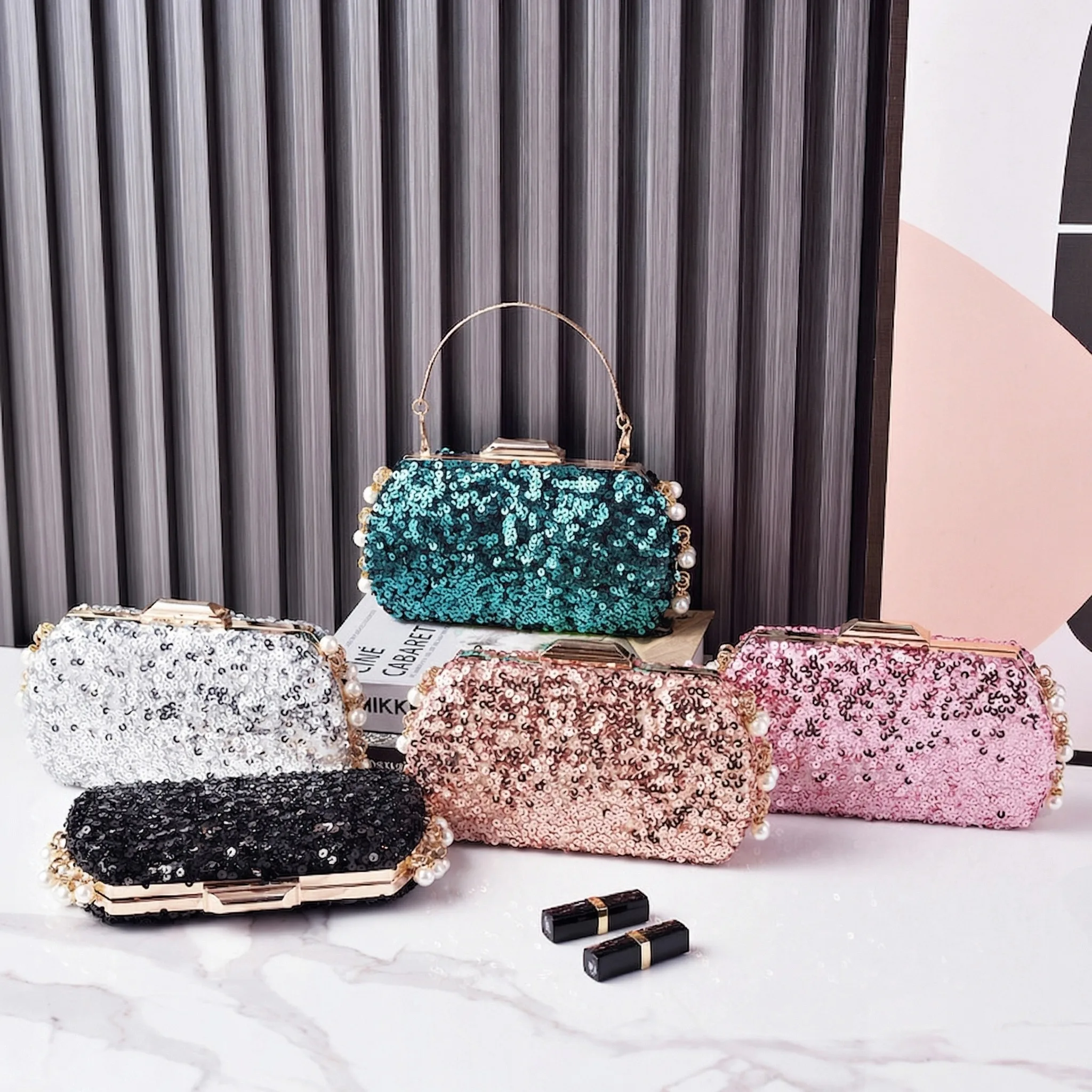 Green Sequin Bags for Woman Pearl Clutch Luxury Designer Handbags Women's Shoulder Bag Small Evening Wedding Shiny Bling Purses
