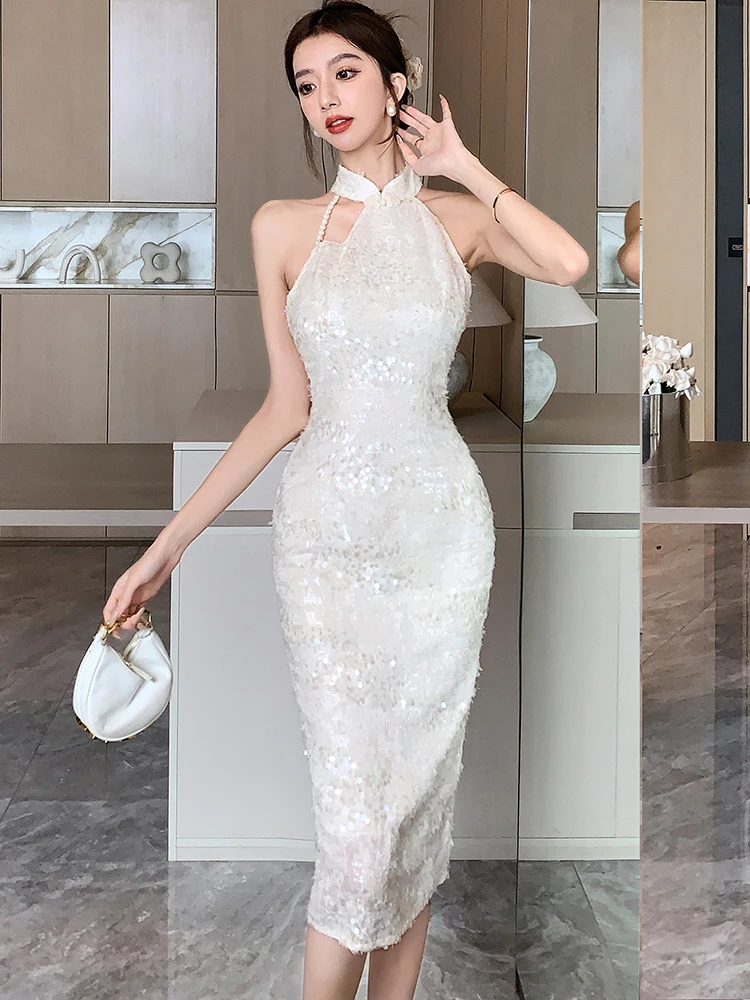 White Jacquard Sequins Chic Beading Neck-mounted Dress Women Summer Elegant Luxury Evening Dress 2024 Korean Vintage Party Dress