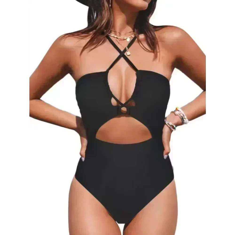 LeLeDolphin Cut Out One-Piece Swimsuit For Women Solid Black Sexy Drawstring Backless Monokini Swimwear Bathing Suit Beachwear