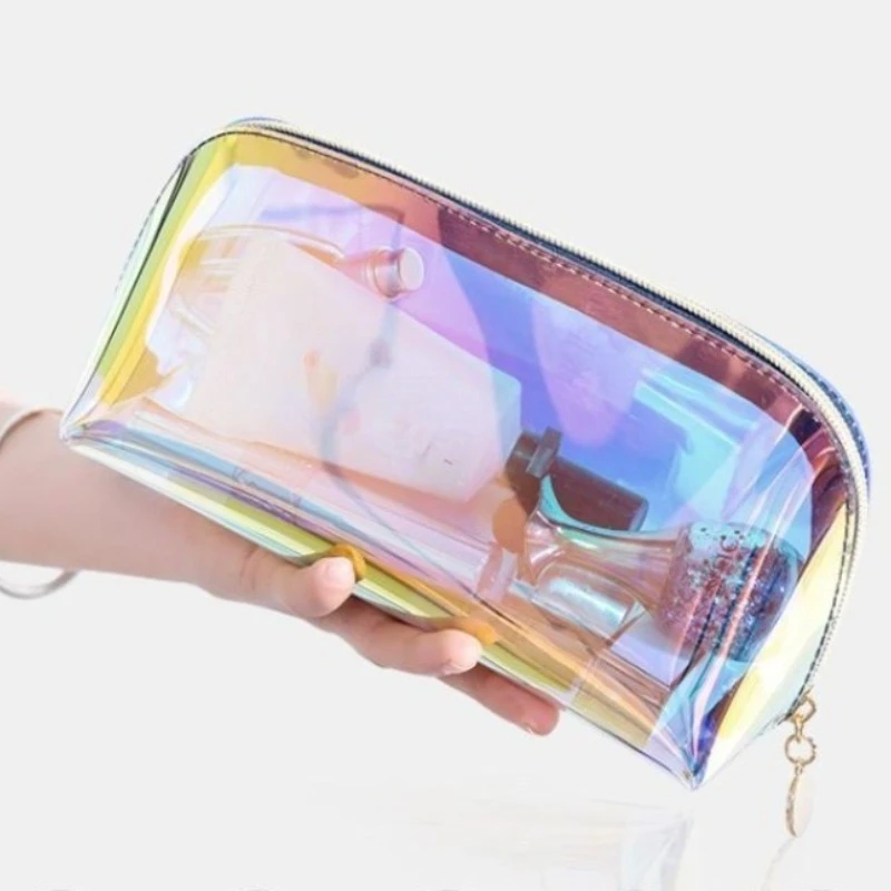 Holographic Iridescent Makeup Bag Portable Waterproof Cosmetic Zippered Toiletry Bag for Travel Women