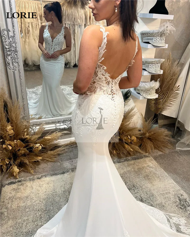 LORIE Sexy V Neck Mermaid Wedding Dresses Backless Satin Sleeveless  Bride Dress Elegant Lace Modest Bride Wedding Gowns 2023