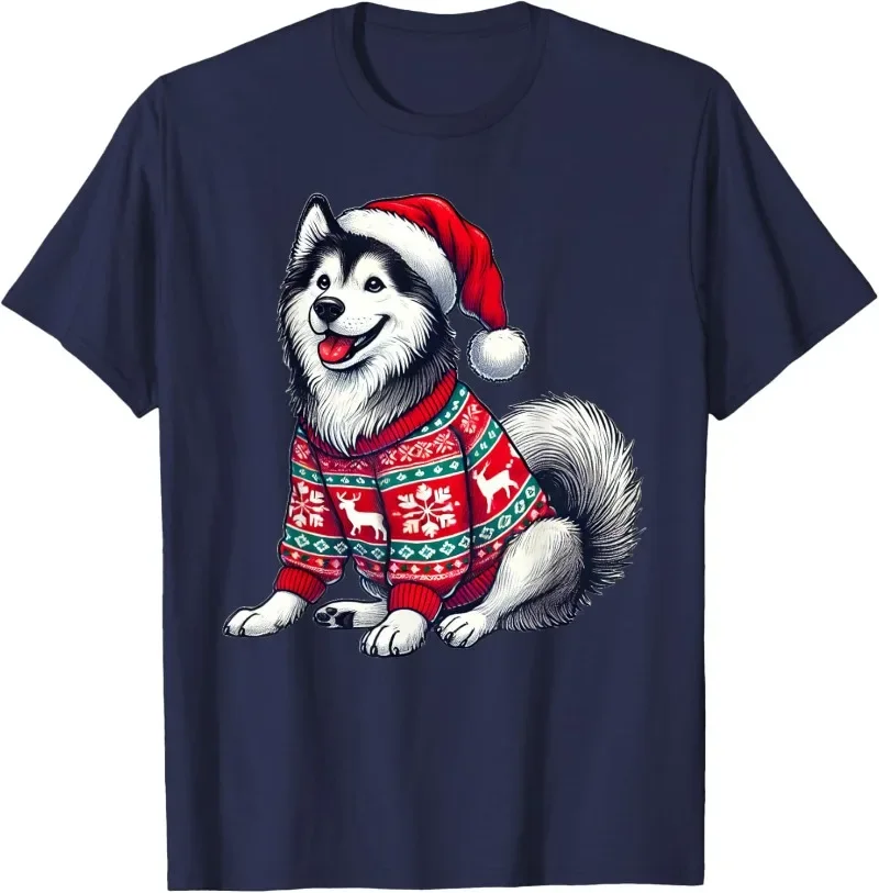 Siberian Husky Dog Ugly Sweater Santa Hat Christmas T-Shirt Cute Husky Shirts Funny Graphic T Shirts Woman Tees Men's T Shirt