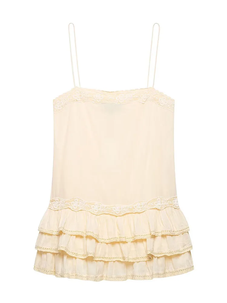 HH Women Summer Vintage Dainty Cream Lace Cami Top Spring Spaghetti Strap Tiered Ruffle Hem Casual Tank For City Stroll Wear