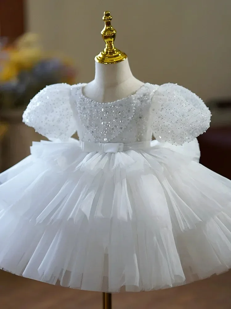 

Luxurious custom white flower girl dress sequined beaded puff sleeves mesh tutu skirt bow 2025 formal wedding prom dress