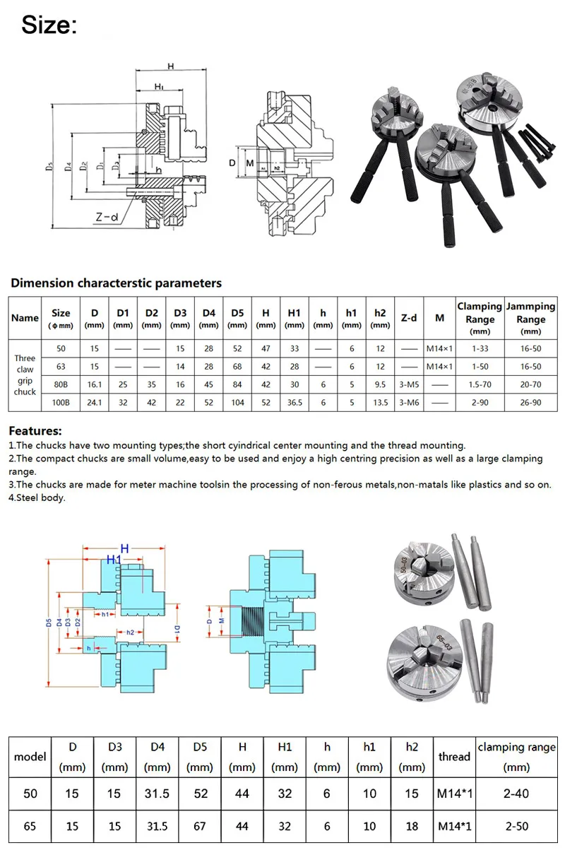 K01-50 Lathe Chuck Three Jaw M14*1 Connecting Rod for K01-50/63/80/100 Self-Centering Mini DIY Metal Wood Lathe Tools