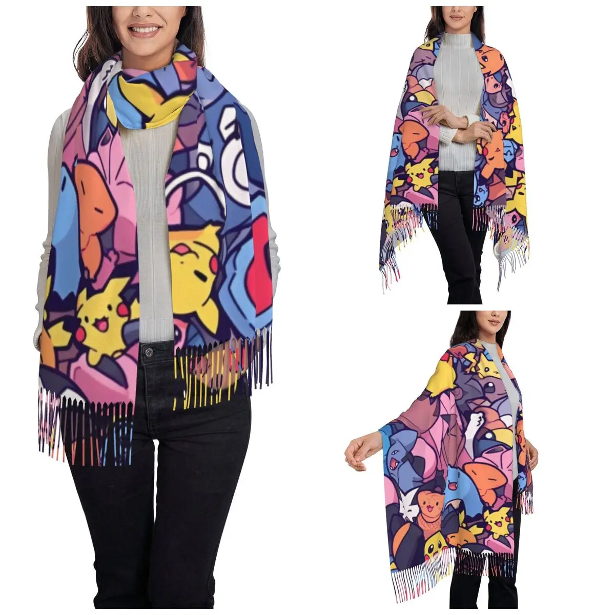 Lenço anime pokemon pikachu feminino, xales e envoltório de pashmina, cachecóis longos e grandes com borla para senhoras, desenhos animados fofos, outono e inverno