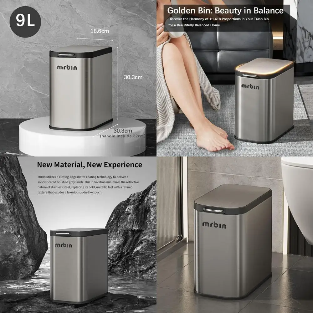 

Тонкий мусорный бак из нержавеющей стали объемом 9 л, идеально подходящий для небольших помещений в спальне, кухне и туалетном столике