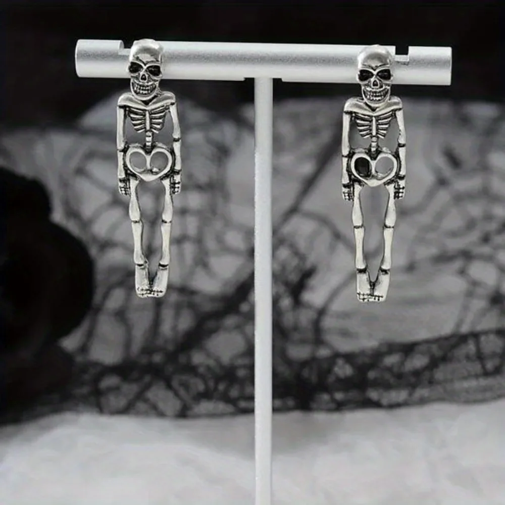 1pair Girl\'s Halloween Silvery Skeleton Design Dangle Earrings, Retro Goth Style Jewelry
