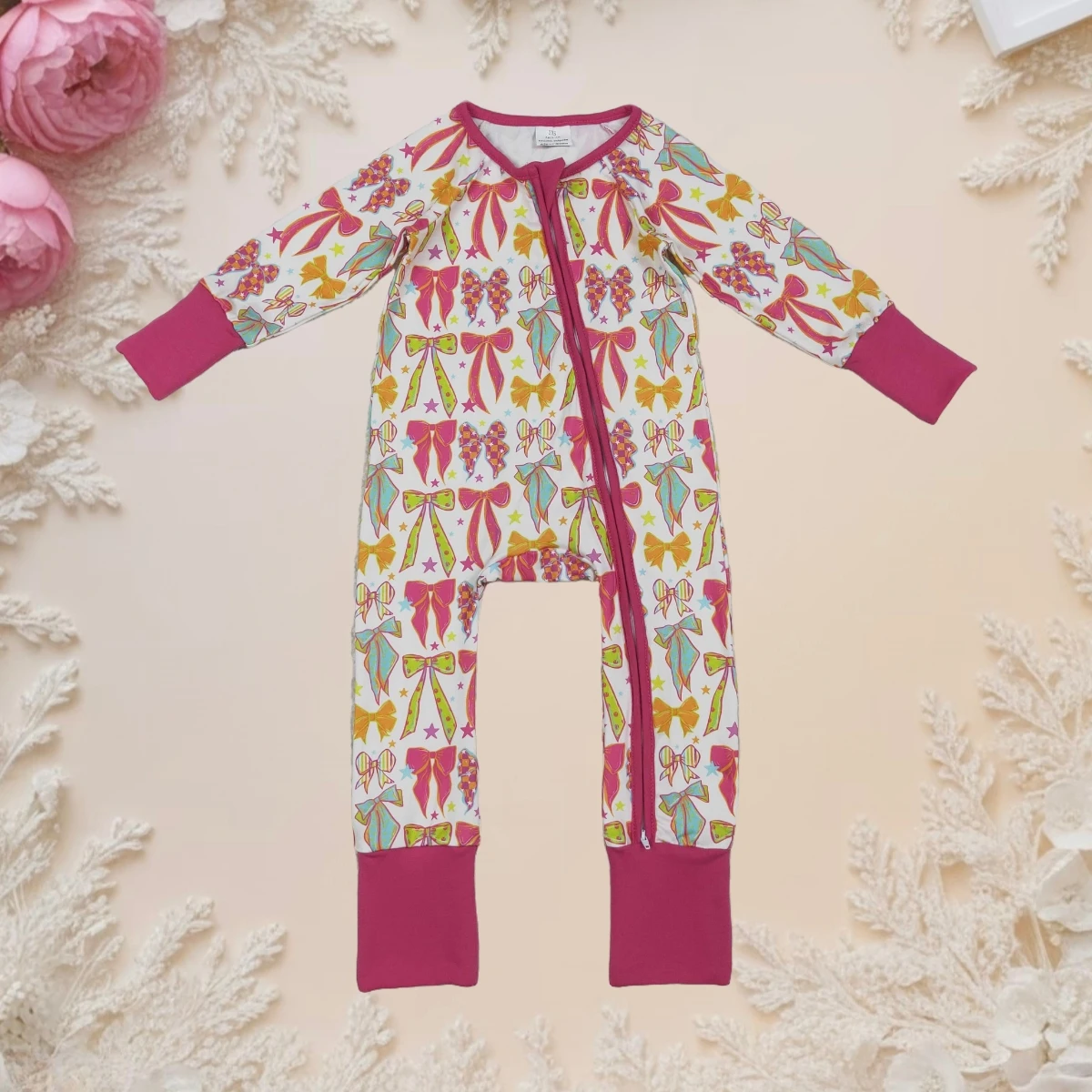

Baby Girls Long Sleeve Romper with Colorful Bows Stars Zipper Pant Romper Infant Jumpsuit Toddler Bodysuit Newborn Sleepers