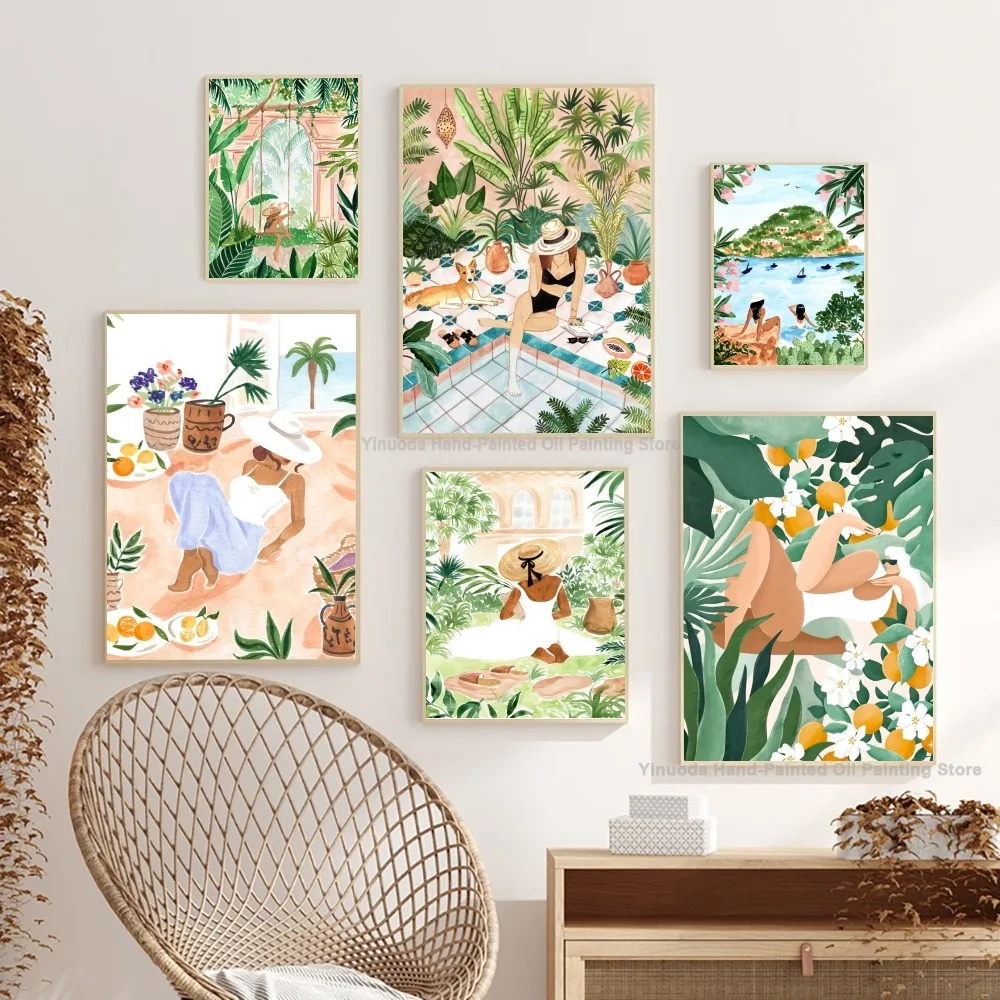 1pc Abstract Woman Monstera Scandinavian Poster Paper Print Home Living Room Bedroom Bar Restaurant Cafe Art Painting Decoration