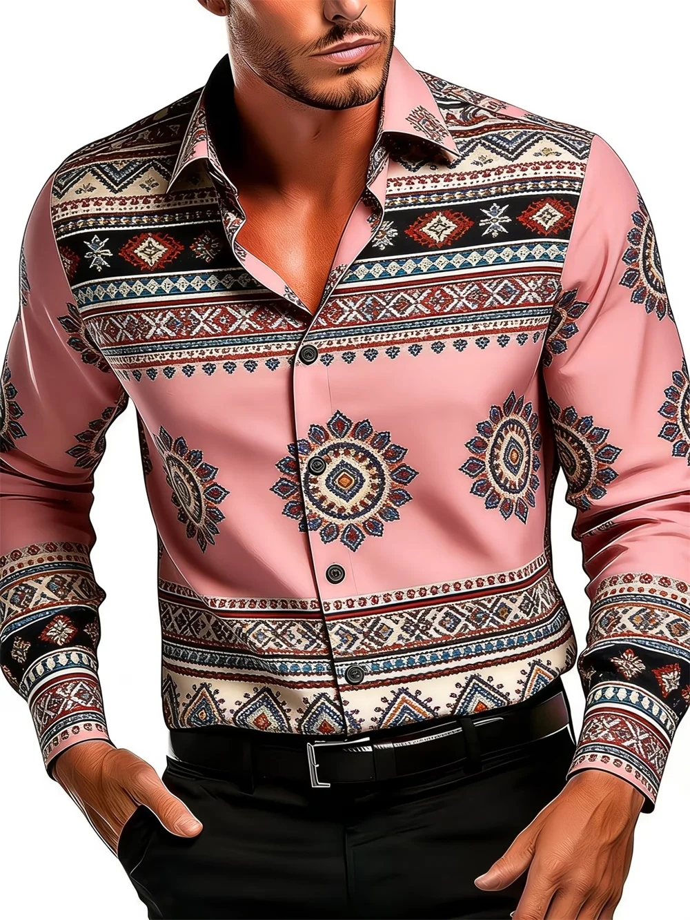 

Men's Retro Ethnic Style 3D Printed Totem Shirt Pink 4-Sided Design New Men's Fashion Casual Shirt