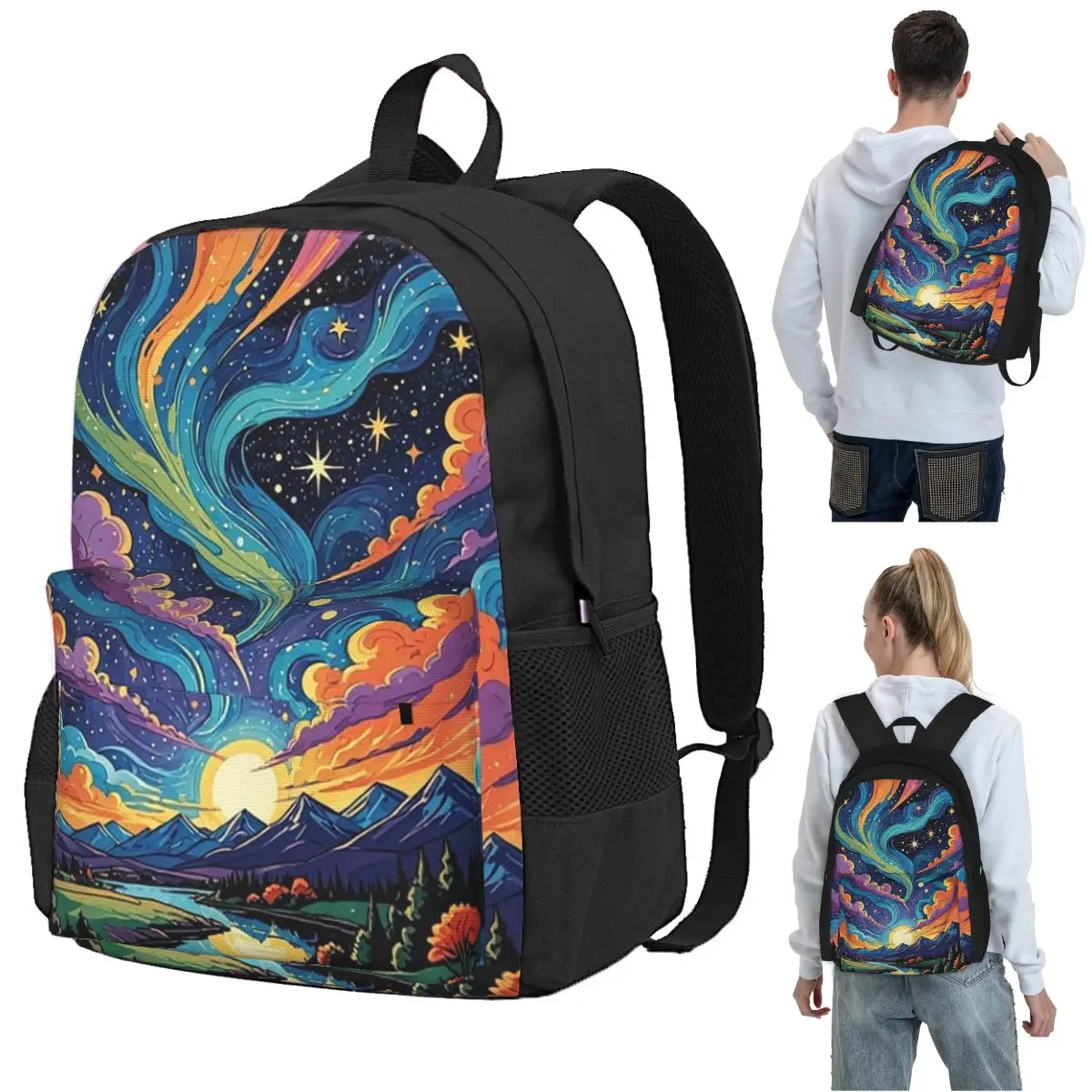 Cosmic Valley Aurora Over The Starry Mountains Backpack Student BookBag Children School Bag Laptop Shoulder Bags for Men Women