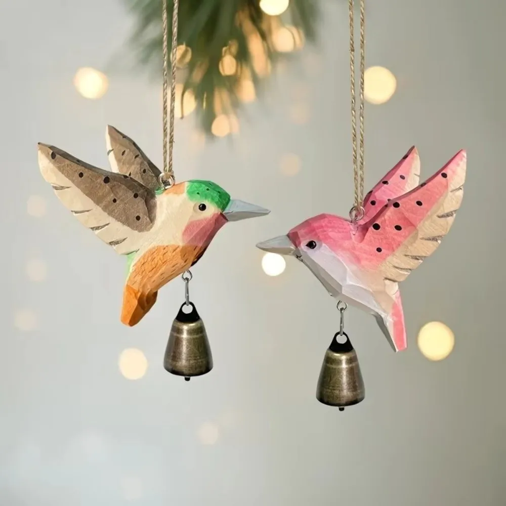 Hand-Carved Hummingbird Figurine with Bell Wood Grain Flying Bird Sculpture Wooden with Soothing Sound Wind Chime Pendant