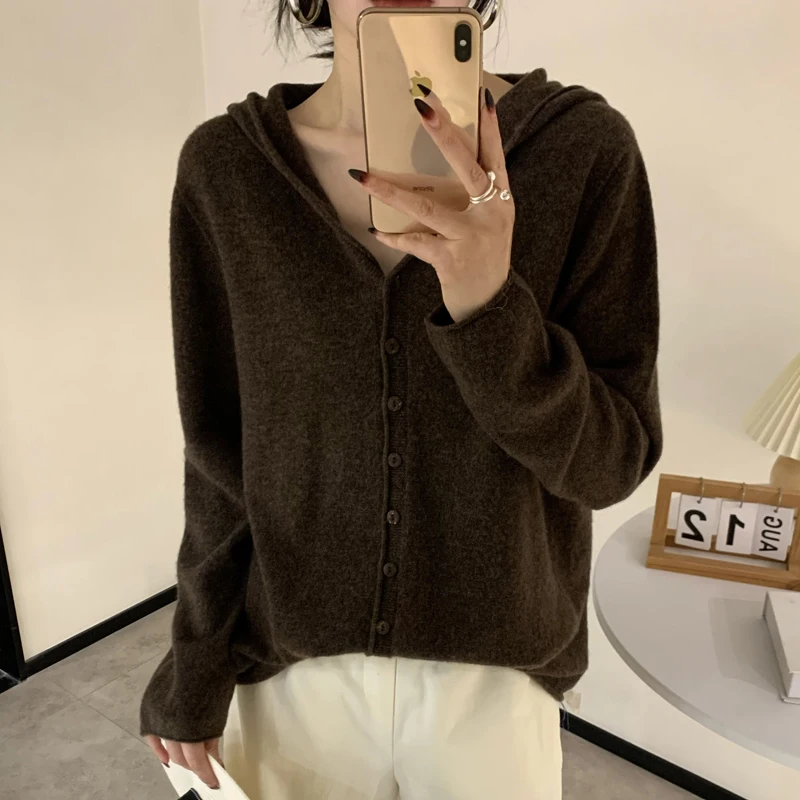 LDZWSM New 100% Wool Sweater  Women Hooded Cardigan Fashion Cashmere Sweater Women Leisure Sweater Autumn And Winter