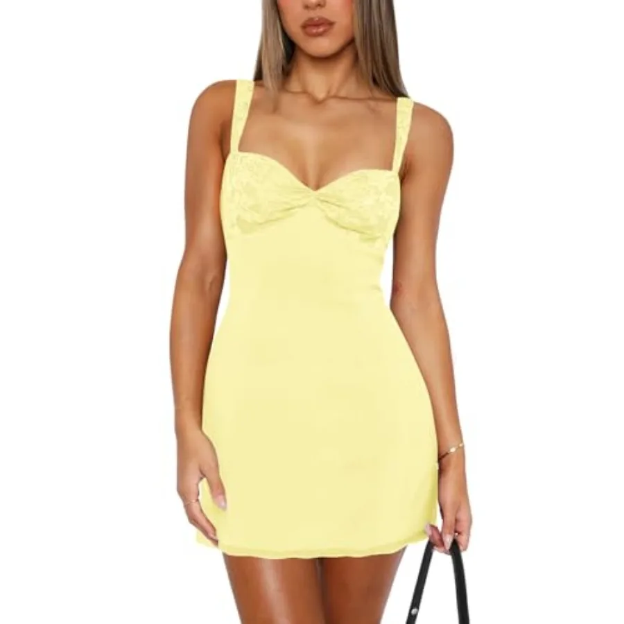 

Women's Summer Mini Dresses Sleeveless Sexy Square Neck Lace Splicing Cocktail Party Straps Bodycon Dress
