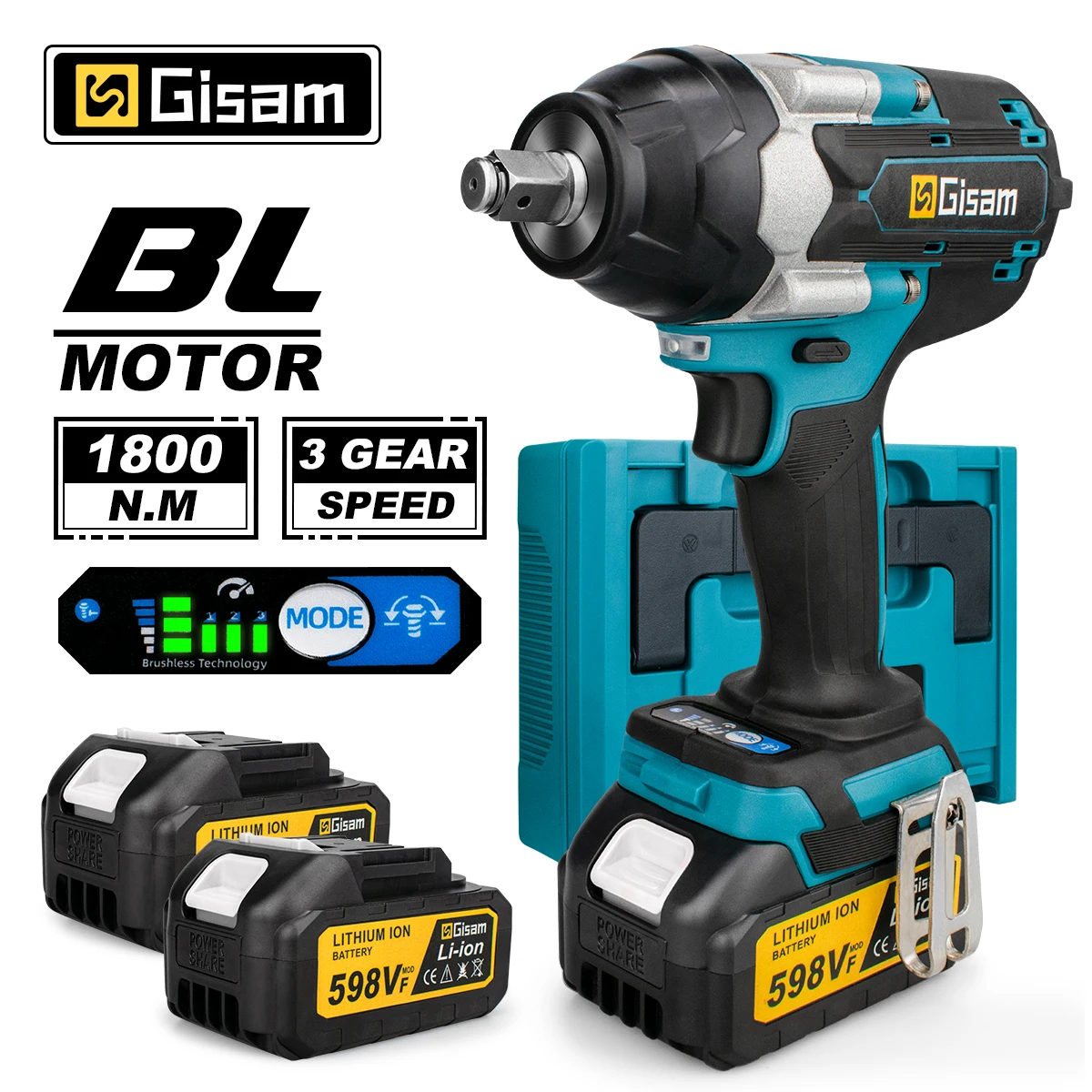 Gisam-Brushless Electric Impact Wrench, chave de fenda sem fio, ferramentas elétricas para Makita, bateria 18V, 1800 N.M Torque, 1/2"