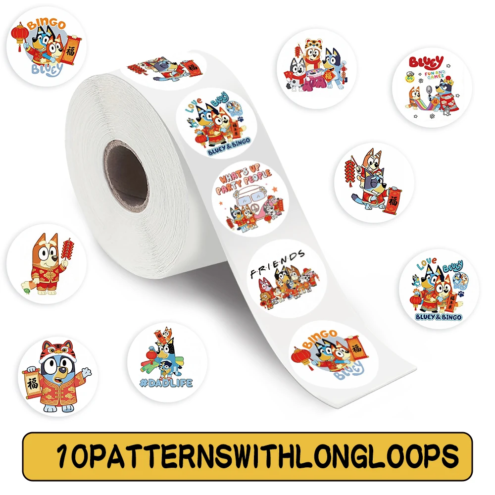 500 sztuk/rolka Urocze naklejki Bluey na Nowy Rok DIY Dekoracja Obudowa Telefonu Laptop Deskorolka Wodoodporne Graffiti Zabawki dla Dzieci Naklejki na Prezent