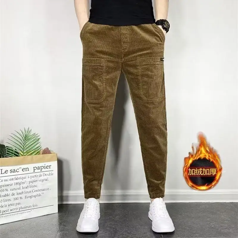 Fashion Men's Elastic Waist Fleece Harem Knit Casual SweatPants with Six Pockets Autumn and Winter Warm Corduroy Harem Pants