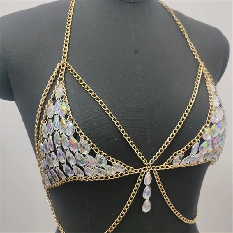 31BF Rhinestones Body Chains Bra Crystal Chest Chains Body Jewelry Accessories for Women and Girls Beach Top Gifts