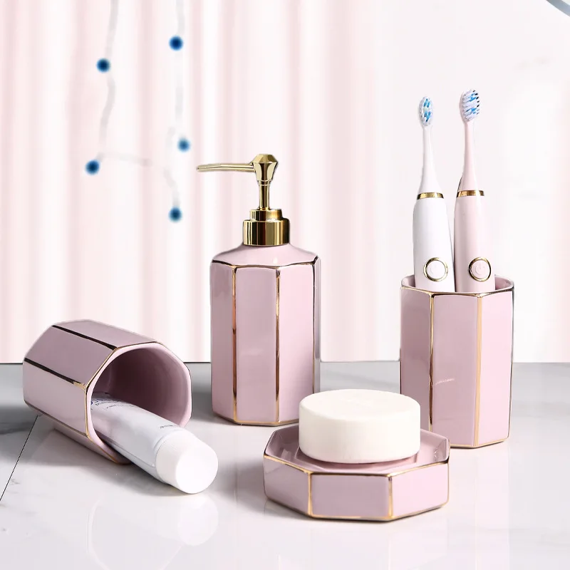 

4pcs Pink Gold-plated Ceramic Bathroom Wash Set Hotel Toiletries Bathroom Accessories Home Furnishing Decoration Soap Dish