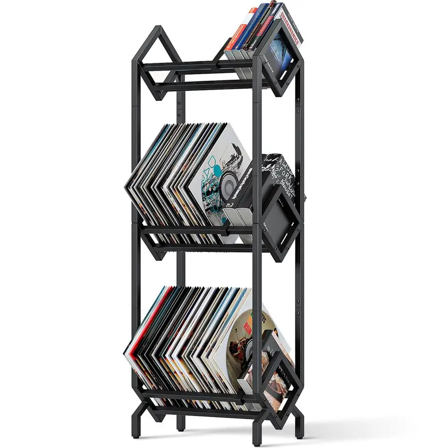 Record Storage Rack, Record Holder 260280 LP Storage Shelf Display Stand for Albums Books Magazines Files, Black Metal